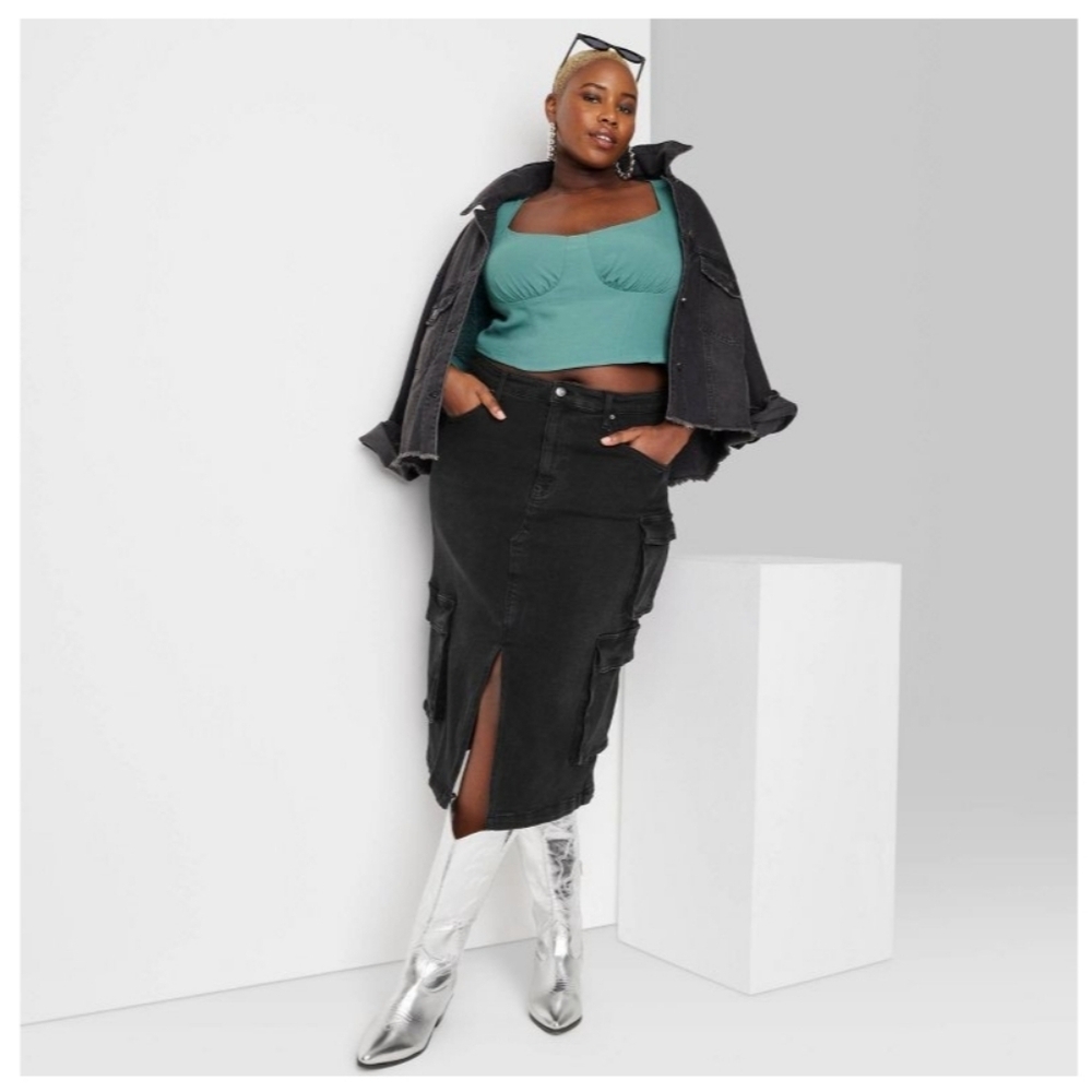 Women's Denim  High Rise Cargo Midi Skirt Black Wild Fable XS